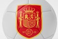 LONDON, UK - July 2023: Spain national football team logo badge on a soccer ball. 3D Rendering