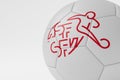 LONDON, UK - July 2023: Switzerland national football team logo badge on a soccer ball. 3D Rendering