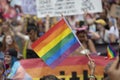 LONDON, UK - July 6th 2019: People wave LGBTQ gay pride flags at a solidarity march