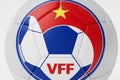 LONDON, UK - July 2023: Vietnam national football team logo badge on a soccer ball. 3D Rendering