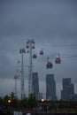 LONDON, UK - JUN 10 2019: Emirates cable car crosses the Thames from Excel centre to the O2 Royalty Free Stock Photo