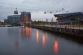 LONDON, UK - JUN 10 2019: Emirates cable car crosses the Thames from Excel centre to the O2 Royalty Free Stock Photo