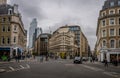 London, UK: The junction of Cannon Street and Queen Victoria Street at Mansion House station in the City of London Royalty Free Stock Photo