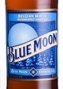 LONDON, UK - JUNE 01, 2018: Bottle label of Blue Moon belgian white beer, brewed by MillerCoors on white.