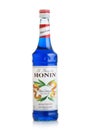 LONDON, UK - JUNE 02, 2020: Bottle of Monin Blue Curacao Syrup on white