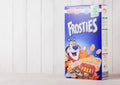 LONDON, UK - JUNE 01, 2018: Box of Kellogg`s Frosties Breakfast Cereal on white wood. Frosties are a popular breakfast cereal ma