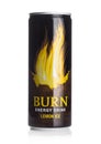 LONDON, UK - JUNE 30, 2018: Can of Burn Energy Drink Original on white. Burn energy is made for keeping eyes open and mind sharp.L