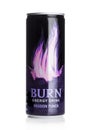 LONDON, UK - JUNE 30, 2018: Can of Burn Energy Drink Original on white. Burn energy is made for keeping eyes open and mind sharp.P