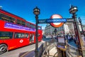 LONDON, UK - JUNE 29TH, 2015: Red Double Decker bus speeds up in Piccadilly Circus Royalty Free Stock Photo