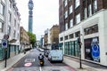 View of British telecom tower from Conway street, Fitzrovia, London