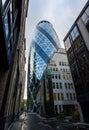 Looking up at the Gherkin building in the City of London, UK