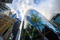 Looking up at the Gherkin building in the City of London, UK