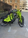 Electric bikes lined up/in a row on a London Street