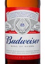 LONDON,UK - MARCH 21, 2017 : Bottle label of Budweiser Beer with new twist off cap on white. An American lager first introduced in