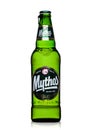 LONDON, UK - MARCH 15, 2017: Bottle of Mythos beer on white. Made by the Mythos Brewery company, the popular brand was launched i