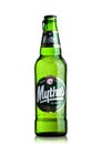 LONDON, UK - MARCH 15, 2017: Bottle of Mythos beer on white. Made by the Mythos Brewery company, the popular brand was launched i