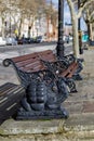 Camel design wooden bench on Victoria embankment in London on March 11, 2019