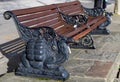 Camel design wooden bench on Victoria embankment in London on March 11, 2019