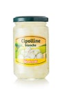 LONDON, UK - MARCH 12, 2023: Cipolline bianche small white marinated onions in jar on white background