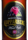 LONDON, UK - MARCH 10, 2018 : Cold Bottle label of Kopparberg premium cider with mixed fruit flavor on white.