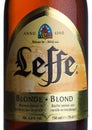 LONDON, UK - MARCH 10, 2018 : Cold bottle label of Leffe Blond beer on white.Leffe is made by Abbaye de Leffe in Belgium. Royalty Free Stock Photo