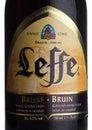 LONDON, UK - MARCH 10, 2018 : Cold bottle label of Leffe Brune beer on white.Leffe is made by Abbaye de Leffe in Belgium. Royalty Free Stock Photo