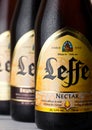 LONDON, UK - MARCH 10, 2018 : Cold bottles of Leffe beer.Leffe is made by Abbaye de Leffe in Belgium. Royalty Free Stock Photo