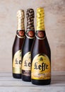 LONDON, UK - MARCH 10, 2018 : Cold bottles of Leffe beer on wood.Leffe is made by Abbaye de Leffe in Belgium. Royalty Free Stock Photo