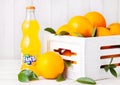 LONDON, UK - MARCH 31, 2018: Glass bottle of Fanta orange soft drink on white wooden background