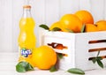 LONDON, UK - MARCH 31, 2018: Glass bottle of Fanta orange soft drink on white wooden background Royalty Free Stock Photo