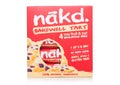 LONDON, UK - MARCH 01, 2019: Pack of NAKD Raw Fruit and Nut Wholefood Bars with Bakewell Tart on white background