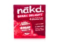 LONDON, UK - MARCH 01, 2019: Pack of NAKD Raw Fruit and Nut Wholefood Bars with Berrie Delight on white background