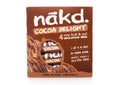 LONDON, UK - MARCH 01, 2019: Pack of NAKD Raw Fruit and Nut Wholefood Bars with Cocoa Delight on white background