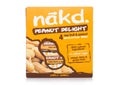 LONDON, UK - MARCH 01, 2019: Pack of NAKD Raw Fruit and Nut Wholefood Bars with Peanut on white background