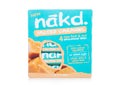 LONDON, UK - MARCH 01, 2019: Pack of NAKD Raw Fruit and Nut Wholefood Bars with Salted Caramel on white background