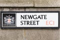 Street sign for Newgate Street in City of London in post code EC1