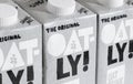 London / UK - March 8th 2021 - Oatly milk cartons closeup. Oatly is a dairy free vegan milk alternative