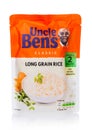 LONDON, UK - MARCH 01, 2019: Uncle Ben`s Microwave Classic Long Grain Rice packet on white background