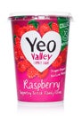 LONDON, UK - MARCH 05, 2019: YEO Valley Family Farm Proper Organic Bio Live Yogurt with Raspberry on white