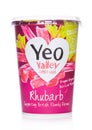 LONDON, UK - MARCH 05, 2019: YEO Valley Family Farm Proper Organic Bio Live Yogurt with rhubarb on white