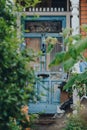 Blue aged front door of an Edwardian house in London, UK, view through the branches, selective focus