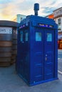 A blue police box at Earl`s Court station in London, UK Royalty Free Stock Photo