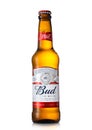 LONDON,UK - MAY 29, 2022: Bottle of Budweiser original lager beer on white background. King of beers