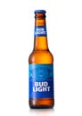 LONDON,UK - MAY 11, 2022: Bud light lager beer in glass bottle on white background