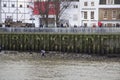 London cityscape across the River Thames with a view of the Shakespeares Globe and Bankside lettering,