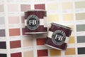 LONDON, UK - May 2021: Farrow and ball luxury paint brand sample pots