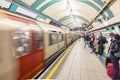 London, UK - May 17, 2023: Long exposure photography of a train arriving to a underground platform at Russell Square metro subway