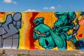 LONDON, UK - MAY 21, 2019 street art paintings panorama on the wall in the park in London, a wall where street artists can present