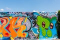 LONDON, UK - MAY 21, 2019 street art paintings panorama on the wall in the park in London, a wall where street artists can present