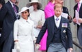 Meghan Markle Prince Harry attend Platinum Jubilee thanks giving service at St Pauls Cathedral, Meghan wearing white coat dress, Royalty Free Stock Photo